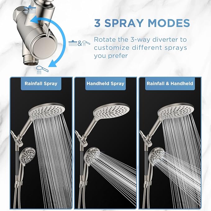 Dual Handheld Shower Head Combo, 2-in-1 Rain Shower Heads System 8 Inch Rainfall Shower Head and 10 Modes High Pressure Hand Held Showerhead with Built-in Power Wash