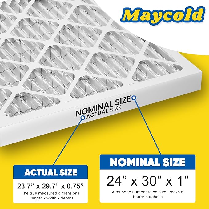 Maycold MERV 8 24x30x1 Furnace Air Filters (6-Pack), Pleated HVAC AC Filters – Actual Size 23.70” x 29.70” x 0.75”, For Residential or Office Use, Individually Wrapped in Plastic