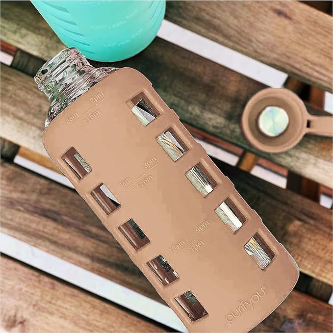 purifyou 40oz / 32oz / 22oz / 12oz Borosilicate Glass Water Bottle with Time & Volume Markers, Silicone Sleeve, Stainless Steel Lid | Reusable Glass Bottle for Water & Juice (22oz Iced Coffee)