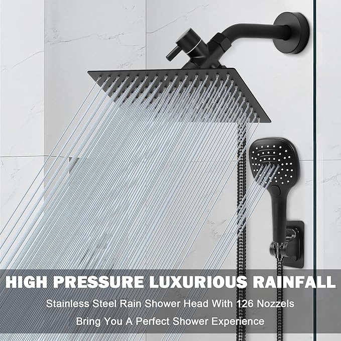 NearMoon Shower Head with Hose, High Pressure Stainless Steel Rain Shower and 3 Settings Handheld Spray Combo with Push Button Flow Control (12 Inch, Matte Black)