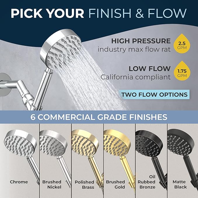 HammerHead Showers® Solid Metal LOW FLOW Handheld Shower Head with Hose and Brass Holder - CHROME – Water Saving 1.75 GPM Detachable Shower Head - Adjustable Shower Wand Bracket & 6ft Hose