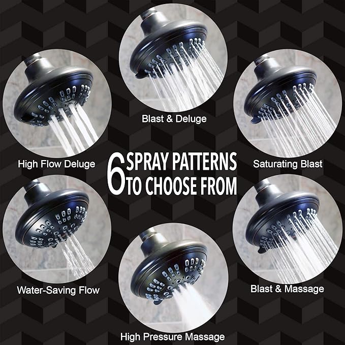 6 Function Adjustable Luxury Shower Head - High Pressure Boosting, Wall Mount, Bathroom Showerhead For Low Flow Showers, 1.8 GPM - Oil-Rubbed Bronze & California Certified