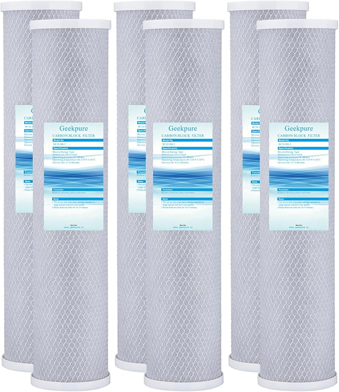 Geekpure 20-Inch Carbon Block Replacement Filter Cartridge for Whole House Water Filtration-4.5" x 20"-5 Micron (Pack of 6)