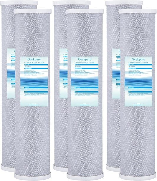 Geekpure 20-Inch Carbon Block Replacement Filter Cartridge for Whole House Water Filtration-4.5" x 20"-5 Micron (Pack of 6)