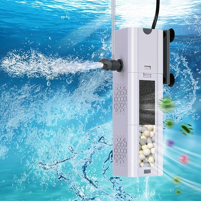 265 GPH 4-in-1 Aquarium Filter, 20-80 Gallon Fish Tank Filters Filtration and Oxygenation, Filter for Fish Tank with Biochemical Cotton, Ceramic Beads, Multi-Functional Turtle Tank Filter(15 W)