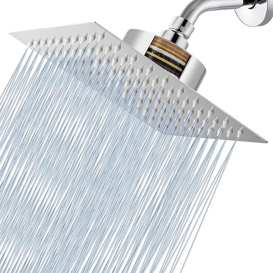 Voolan Rain Shower Head with Filtered - High Flow Large Rainfall Shower Heads Made of Stainless Steel - Waterfall Showerhead Filter For Hard Water (8" Chrome)