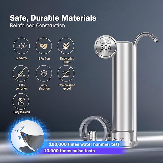 Frizzlife SS99 Countertop Water Filter System, 0.5 Micron NSF Certified 6-Stage Reduces 99.99% Lead, Chlorine, Heavy Metals, Bad Taste & Odor, Stainless Steel Faucet Water Filtration for 8000 Gallons