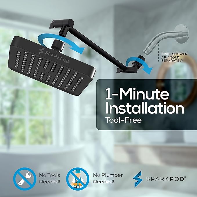 SparkPod Square Rain Shower Head with Extension Arm - Height Adjustable Shower Head with High Pressure Performance - Easy 1-Minute Installation (11" Arm Extension, Midnight Black Matte)