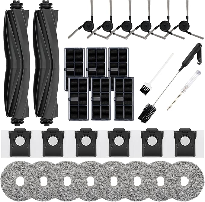 31 PCS Replacement Parts for Dreame X40 Ultra/ Master/ L40 Ultra Vacuum Cleaner, 2 Main Brushes, 6 HEPA Filters, 6 Dust Bags 6 Side Brushes 8 Mop Pads 1 Cleaning Brush 1 Water Tank Brush 1 Screwdriver