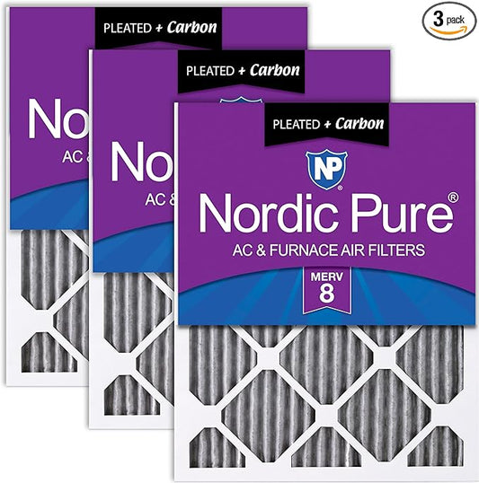 Nordic Pure 16x20x1 (15 1/2 x 19 1/2 x 3/4) Furnace Air Filters MERV 8 Pleated Plus Carbon 3 Pack