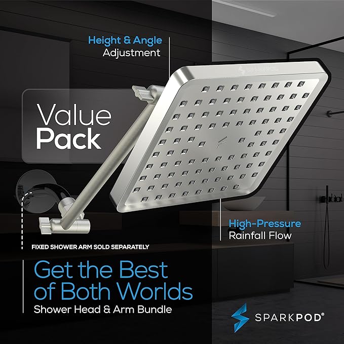SparkPod Square Rain Shower Head with Shower Head Extension Arm - High Pressure Rain - Luxury Modern Look - No Hassle Tool-less 1-Min Installation (11" Shower Arm Extension, Elegant Brushed Nickel)