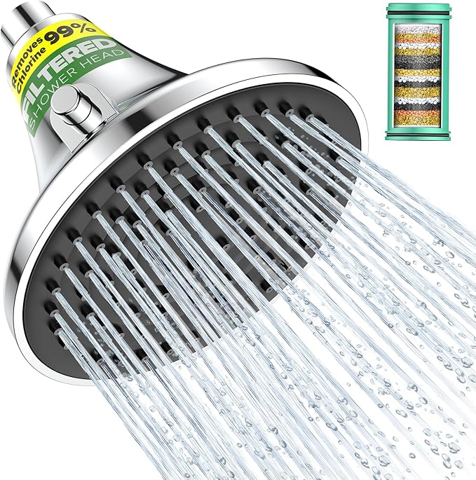 Filtered Shower Head - High Pressure Shower Head with Filter for Hard Water -Water Softener Filters Beads to Remove Chlorine, 1-Min Install, One-Button Filter Replacement