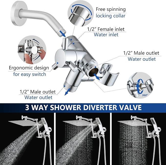 PDPBath All Metal 12" Rainfall Shower Head with 16" Upgrade Flexible Extension Arm, Shower Head with Handheld Combo,70" Extra Long Shower Hose, 3-Way Diverter, Chrome