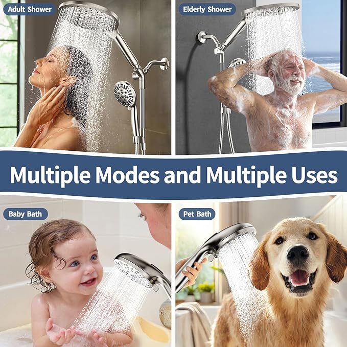 KAIYING Dual Shower Heads with Handheld Spray Combo, High Pressure Modern Rain Shower Head with 9-Mode Handheld Showerhead, Double Rainfall Shower Head with 79-Inch Hose (Brushed Nickel)