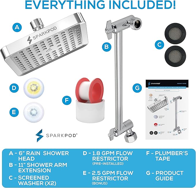 SparkPod Square Rain Shower Head with Extension Arm - Height Adjustable Shower Head with High Pressure Performance - Easy 1-Minute Installation (11" Arm Extension, Luxury Polished Chrome)