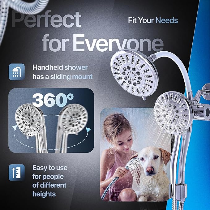 AQUAZEN® Dual Shower Head Combo | Adjustable Rainfall + Handheld Shower | 6 Spray Modes Each | Flexible Mount & Swivel Heads | 5ft Stainless Steel Hose | Premium Chrome Finish | Fits All US Showers