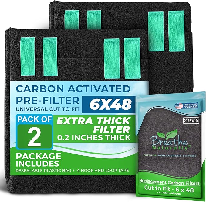Breathe Naturally Universal Cut To Fit Carbon Activated Air Filter - Replacement Charcoal Filters - Pre Filter Carbon Sheet for Air Purifier, Vent Filters & More - Made in USA (Pack of 2, 6x48)