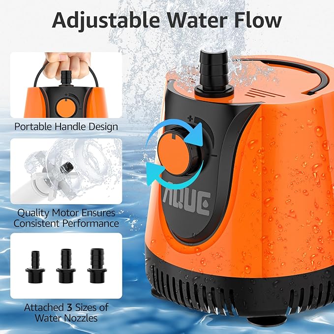 AQUE 360° All-round Water Intake Submersible Pump. It is suitable for fish tanks, ponds, aquariums and hydroponic systems. It comes with a 6-foot power cord and 3 nozzles(20W)