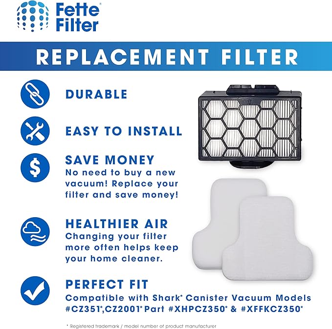 Fette Filter - Canister Vacuum Filter Set Compatible with Shark Canister Vacuum Models CV101 CV101C CZ350C CZ351 CZ351C CZ355 CZ2001 CZ2001C Part # XHPCZ350 & # XFFKCZ350 1 Hepa & 2 Foam Sets