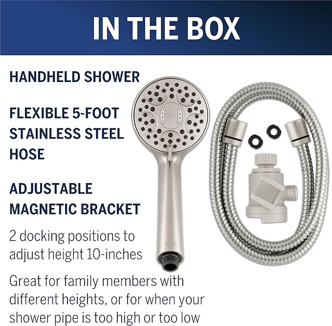 Waterpik Magnetic Dual Dock Adjustable Height Hand Held Shower Head With 5-Foot Metal Hose and PowerPulse Shower Massage, Brushed Nickel QMK-759ME