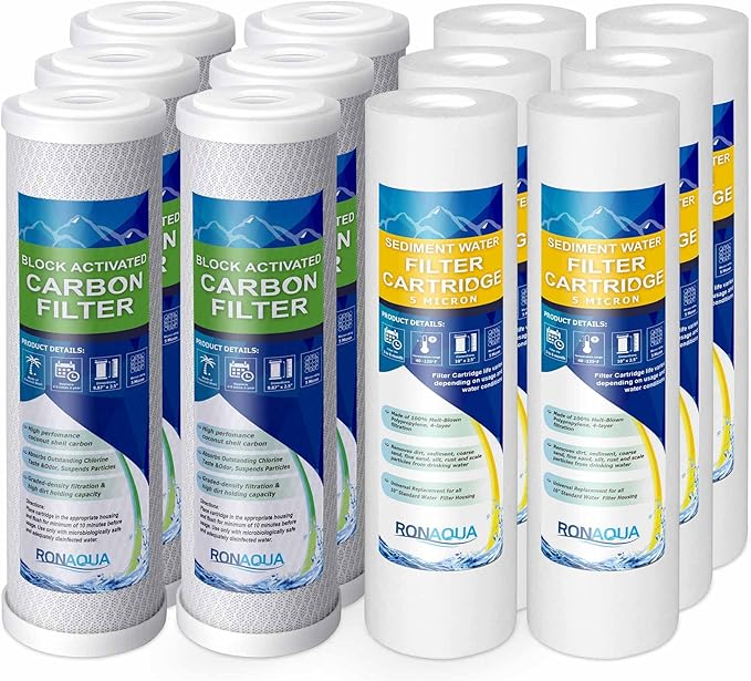 6 Standard Coconut Shell Block Carbon & 6 Four Layers of Filtration Polypropylene Sediment 5 Micron 2.5"x 10" Water Filter Cartridges Universal replacement for Reverse Osmosis & Standard 10” Housing