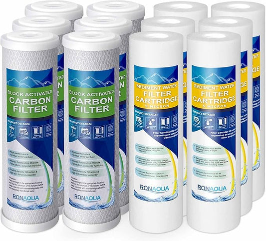 6 Standard Coconut Shell Block Carbon & 6 Four Layers of Filtration Polypropylene Sediment 5 Micron 2.5"x 10" Water Filter Cartridges Universal replacement for Reverse Osmosis & Standard 10” Housing
