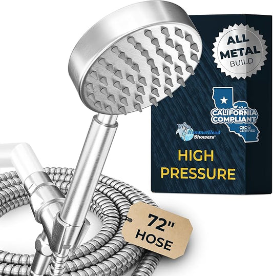 HammerHead Showers® Solid Metal LOW FLOW Handheld Shower Head with Hose and Brass Holder - BRUSHED NICKEL – Water Saving 1.75 GPM Detachable Shower Head - Adjustable Shower Wand Bracket & 6ft Hose