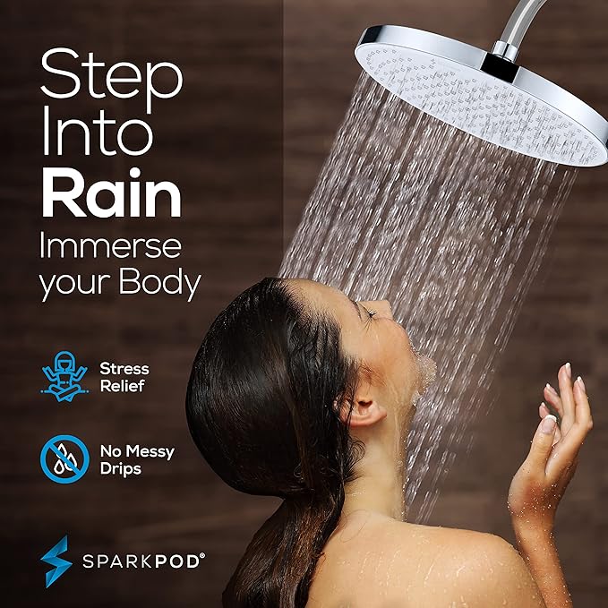SparkPod 10 Inch Round Rain Shower Head - Ceiling or Wall Mount Rainfall Shower Head - Large Coverage Showerhead - Brass Ball Joint with 360° Adjustment - 1-Min Install (Chrome and White)