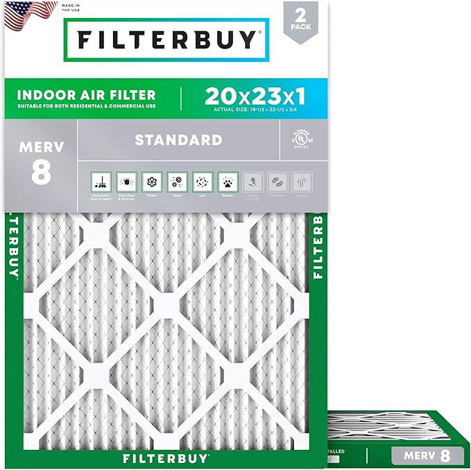 Filterbuy 20x23x1 Air Filter MERV 8 (MPR 700) Dust Defense Replacement (2-Pack), Electrostatic Pleated HVAC AC Furnace Filters, Made in USA (Actual Size: 19.50 x 22.50 x 0.75)
