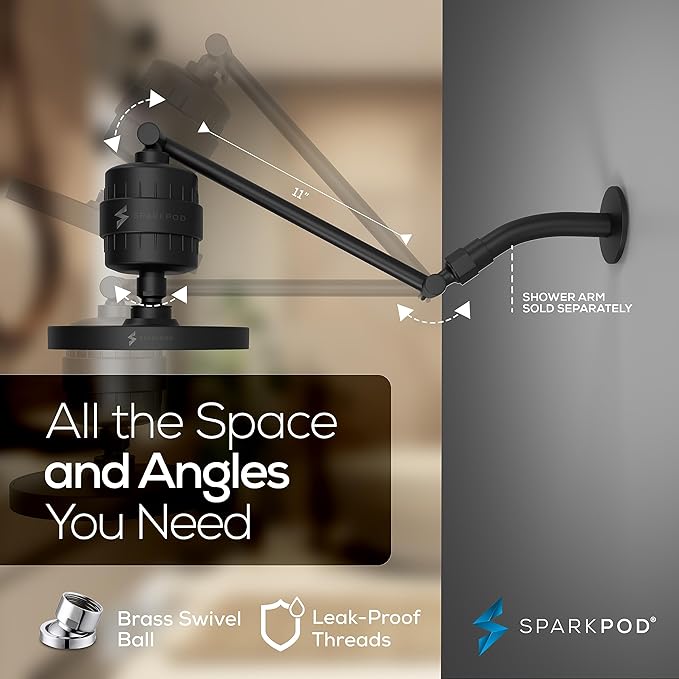 SparkPod 6" High Pressure Rain Shower Head with 23 Stage Filter Capsule & 11 Inch Adjustable Shower Arm Extension - Shower Filter Reduces Chlorine for Smoother Hair & Skin (Round, Black Matte)