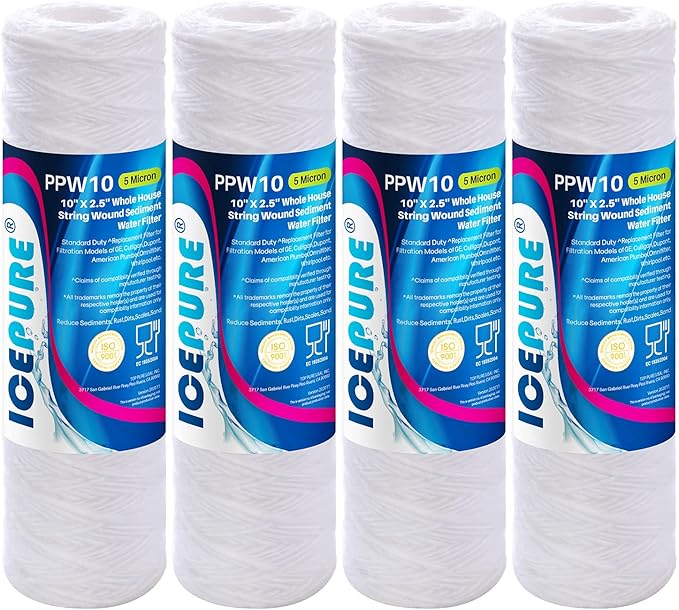 5 Micron 10" x 2.5" String Wound Sediment Water Filter Cartridge for Well filter Universal Replacement for Any 10 inch RO Unit, WP-5, Aqua-Pure AP110, CFS110, Culligan P5, WFPFC4002, WP-5, CW-MF,4PACK