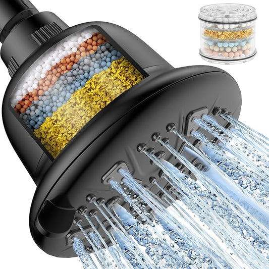 Filtered Shower Head Matte Black- High Pressure Shower Head with filter for Hard Water - Rain Shower Head Water Softener - Luxury 7 Settings Adjustable Water Filter Showerhead (Matte Black)