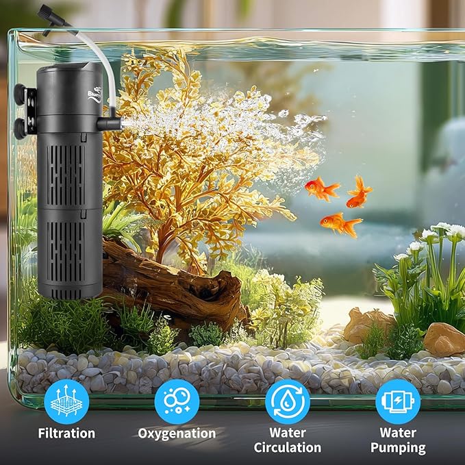 Aquarium Filter, Fish Tank Filter 4-in-1 for 40-120 Gallon Tanks, Submersible Internal Filter with Wave-Maker, Oxygenation & Adjustable Air Flow for Freshwater/Saltwater/Turtle Tanks (12W)