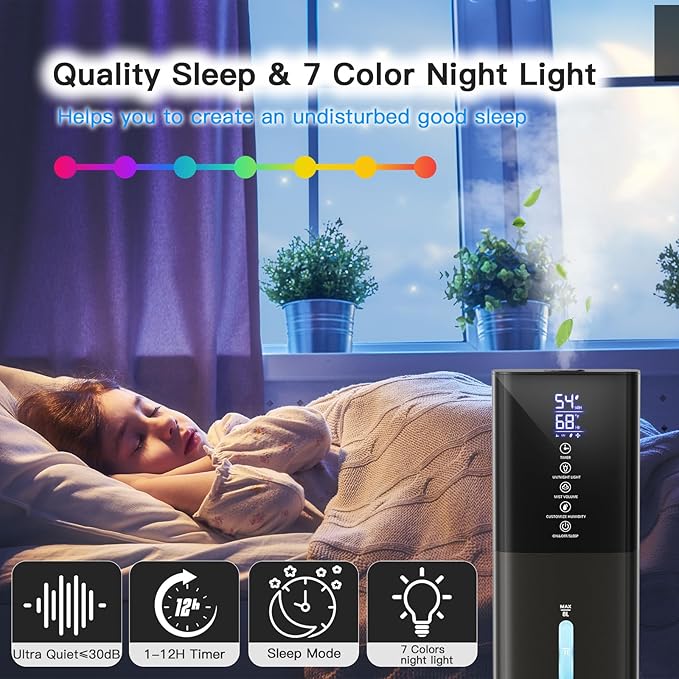 Humidifiers Large Room Bedroom with 7 Colors Light, 2.1Gal(8L) 3 Speed Quiet Ultrasonic Cool Mist Humidifier with 360° Nozzle, Humidity Setting, Timer,Aroma Box for Home Plant Baby Yoga Sleep (Gray)
