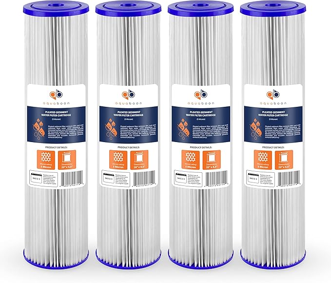 Aquaboon 20 Inch Whole House Pleated Water Sediment Filter Replacement 5 Micron Water Filter Cartridge Compatible with ECP5-20BB, SPC-45-2005, 4-Pack
