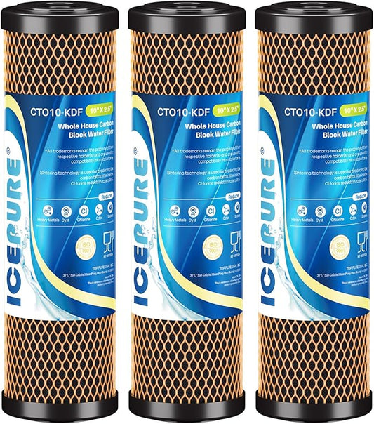 ICEPURE 1 Micron 2.5" x 10" Whole House Water Filter Coconut Shell Activated CTO Carbon and KDF Cartridge for Home, Compatible with WFPFC8002, WFPFC9001, FXWTC, SCWH-5, WHEF-WHWC, AMZN-SCWH-5, 3PACK