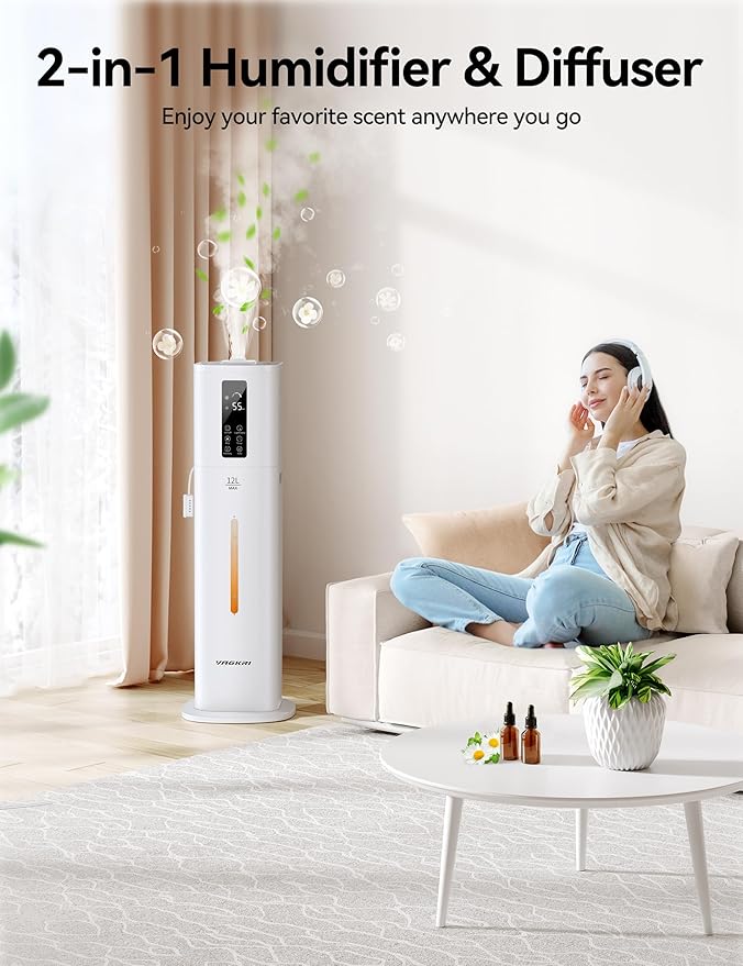 VAGKRI 12L Humidifiers for Large Room, Last 120 Hours, Cover up to 1000ft², Top Fill Ultrasonic Cool Mist Humidifier, 3 Mist Level, 24H Timer, Essential Oil Diffuser Humidifiers For Bedroom, Home