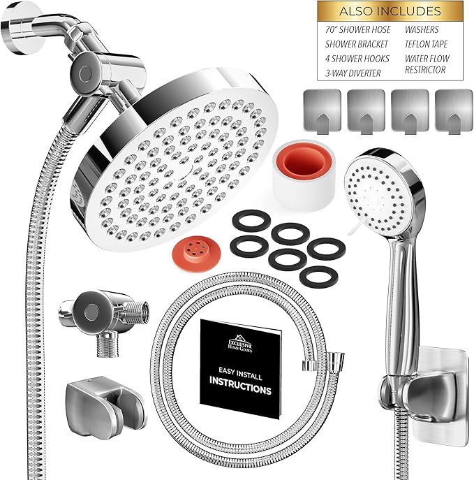 Shower Head With Handheld Combo, 6 Inch High Pressure Rainfall Showerhead With Hand Held 70 Inch Hose for Bath - Adjustable Swivel Shower Head Spray Anti-leak Nozzles - Universal Fit