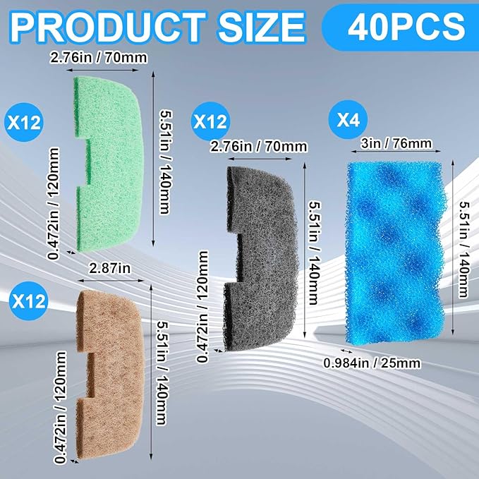 40 Pcs Compatible with 106/107 Replacement Filter Media Kit Compatible with Aquarium Filters Including 4 Biological Foams, 12 Ammonia Remover, 12 Phosphate Remover(106/107)