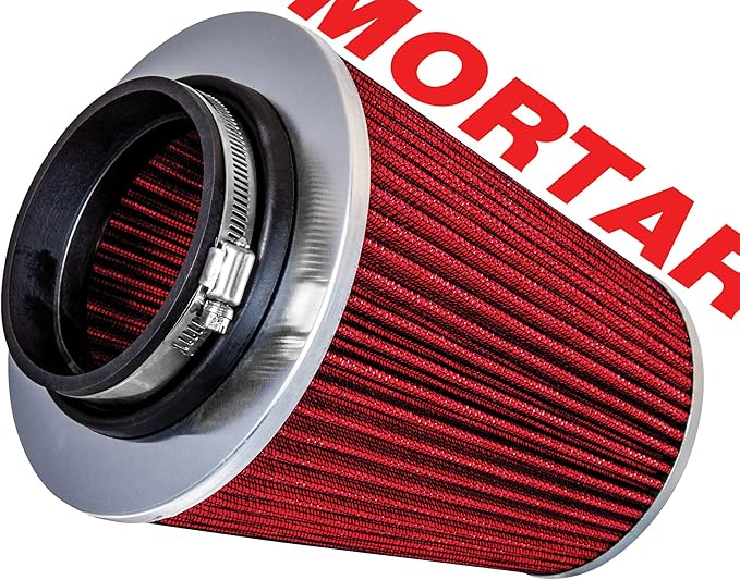Mortar Aftermarket Auto Air Filter - Car Enthusiast Class Universal Cold Air Intake Gulps in More Air for More Engine Power & Passionate Induction Sound, 8-In-Long, Flange ID 3.5 In, Red
