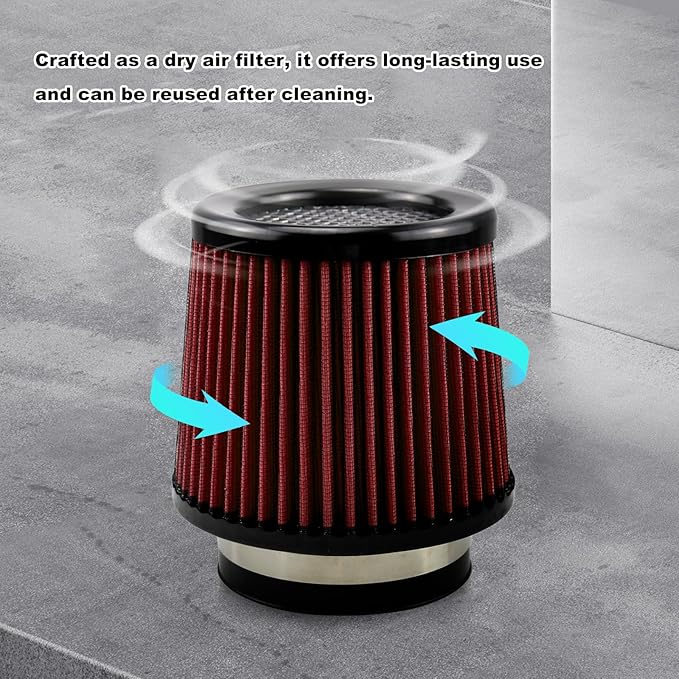 RULLINE 76mm 89mm 102mm Air Filter 3" 3.5" 4" Cold Air Intake Universal Clamp-On Air Filter Three Different Size High Flow Round Tapered Cone Cool Cleaner Red