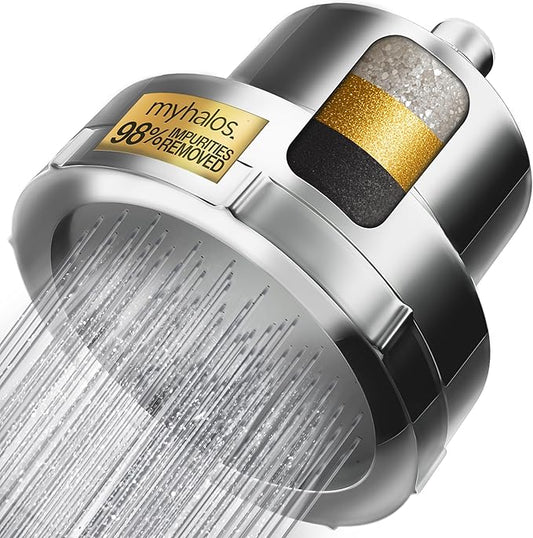 MyHalos® Filtered Shower Head for Hard Water Filter - High Pressure, Removes Chlorine - Shower Head Filter for Hard Water Softener Showerhead, Easy Install, For Hair & Skin, Filtering (Chrome)
