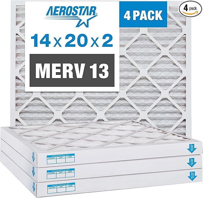 Aerostar 14x20x2 MERV 13 Pleated Air Filter, AC Furnace Air Filter, 4 Pack (Actual Size: 13 1/2" x 19 1/2" x 1 3/4")