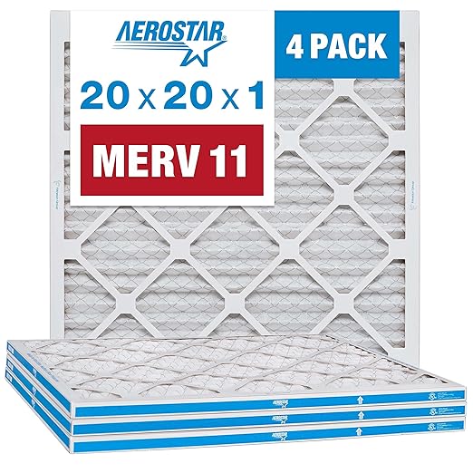 Aerostar 20x20x1 MERV 11 - 4 Count - Pleated HVAC, Furnace & Air Conditioner Filters - Removes Dust, Cold & Flu Germs, Lint, Mold, Pet Dander, Allergy-Causing Pollen, Smog & Smoke