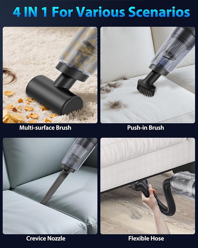 Handheld Vacuum Cordless 1.1 Pounds Car Vac 10000PA Hand Held Vacuums 4-in-1 Hand Vac Cordless Rechargeable HEPA Filter Large Capacity Dust Cup for Car Office Home Pets Hair (Space Gray)