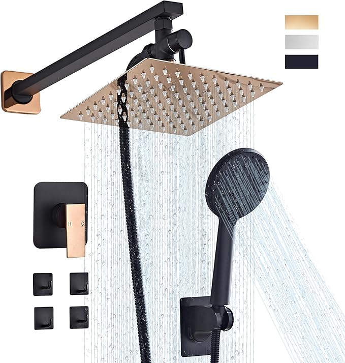 Shower Head Combo Matte Black and Rose Gold, 8 Inch Rain Shower Head with Handheld 5 Spray Modes High Pressure Rainfall Shower Heads System, 15 Inch Shower Adjustable Extension Arm