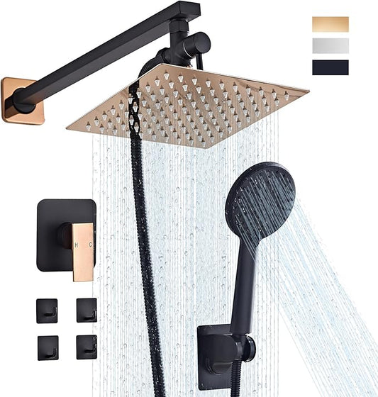 Shower Head Combo Matte Black and Rose Gold, 8 Inch Rain Shower Head with Handheld 5 Spray Modes High Pressure Rainfall Shower Heads System, 15 Inch Shower Adjustable Extension Arm