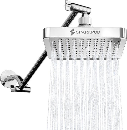 SparkPod Square Rain Shower Head with Shower Head Extension Arm - High Pressure Rain - Luxury Modern Look - No Hassle Tool-less 1-Min Installation (16" Shower Arm Extension, Luxury Polished Chrome)