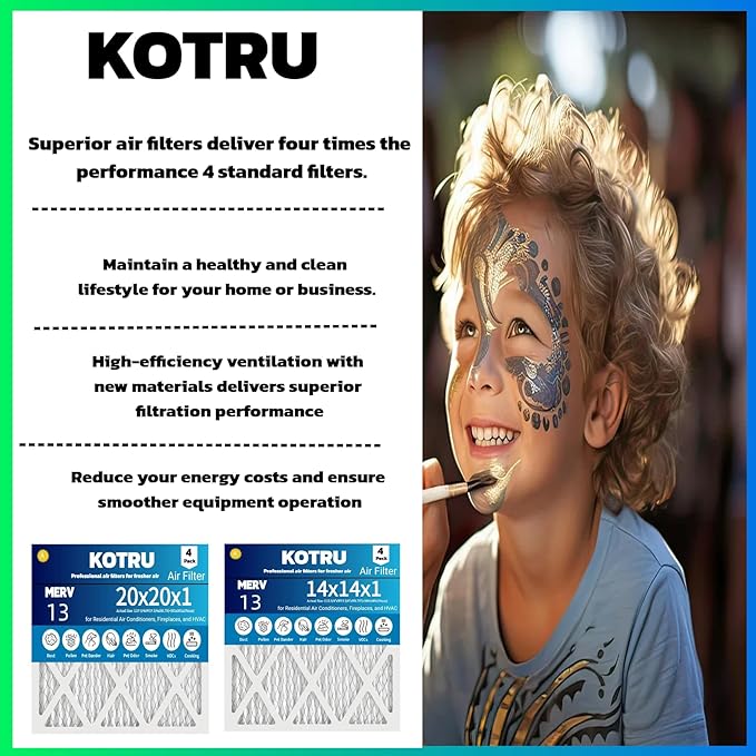 Air Filter14x14x1 MERV 13 (4-Pack) Electrostatic Pleated Air Filter for Residential Air Conditioners, Fireplaces, and HVAC Air Filters Replacement (Actual Size: 13.75 x 13.75 x 0.75 inches)