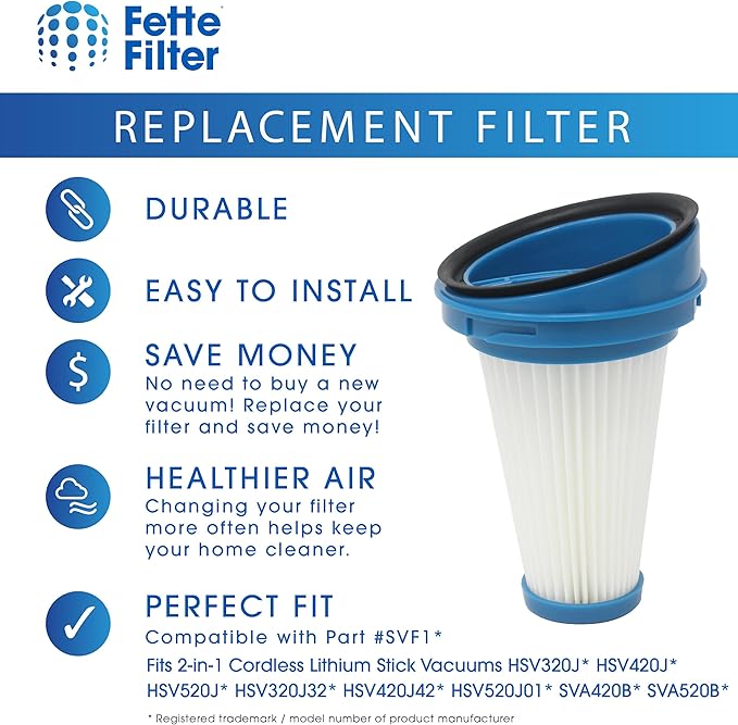 Fette Filter - 6-Pack Replacement Vacuum Dust Bin Filters for Black and Decker SVF11 Fits 2-in-1 Cordless Lithium Stick Vacuums HSV320J HSV420J HSV520J HSV320J32 HSV420J42 HSV520J01 SVA420B SVA520B